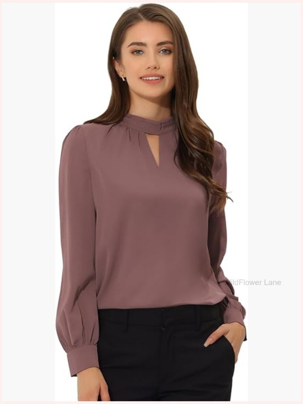 Work Blouse Long Sleeve Mock Neck Keyhole Front Business Casual Top